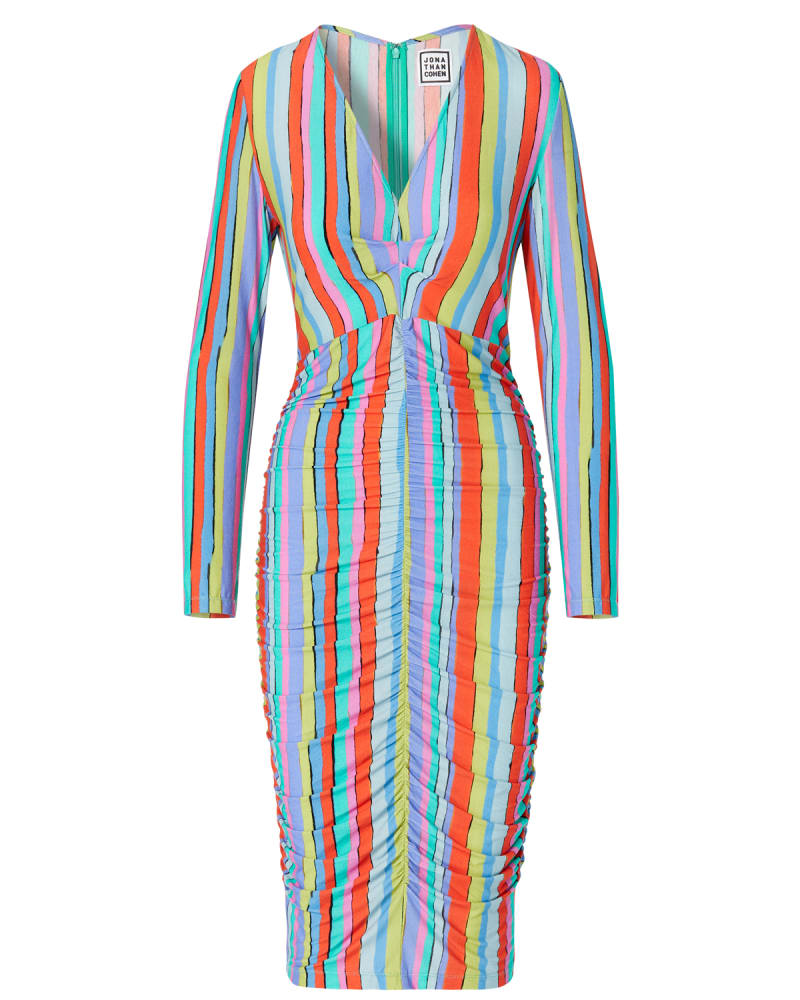Front of a size Four Extra Large Deep V Striped Dress in Striped by Jonathan Cohen. | dia_product_style_image_id:290497